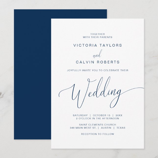 Church Wedding Ceremony Celebration, Navy Blue Invitation (Front/Back)