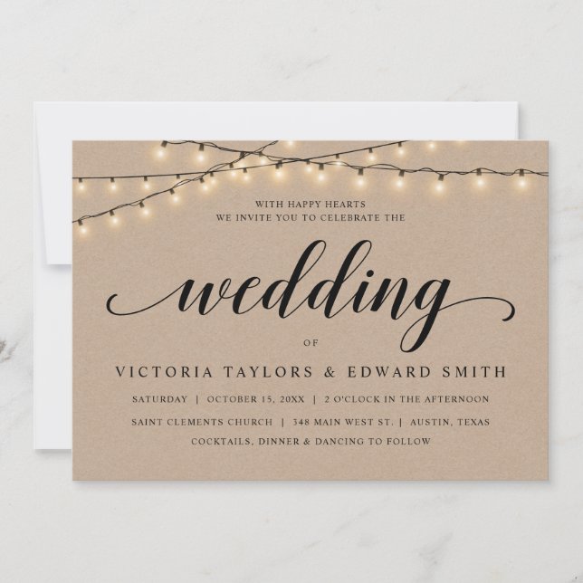 Church Wedding Ceremony, String Lights, Kraft Invitation (Front)
