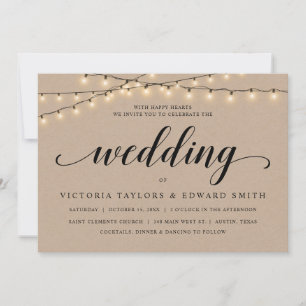 Church Wedding Ceremony, String Lights, Kraft Invitation