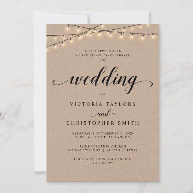 Church Wedding Ceremony, String Lights, Kraft Invitation (Front)
