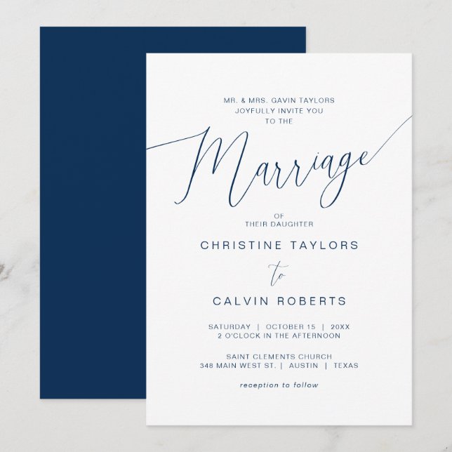 Church Wedding, Parents Hosting, Navy Blue Script Invitation (Front/Back)