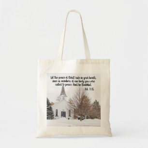 Church Winter Snow Bible Verse Photo Tote Bag