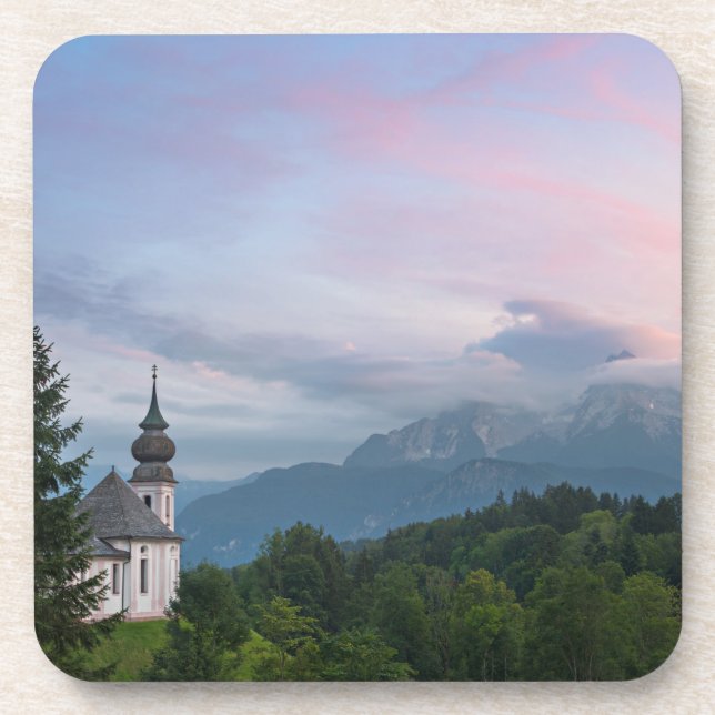 Church with Alps mountains at sunset Coaster (Front)