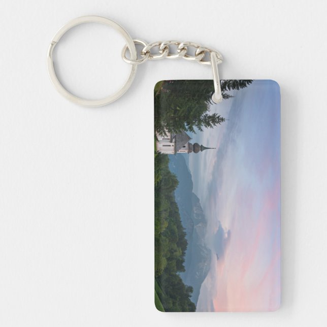 Church with Alps mountains at sunset Key Ring (Front)