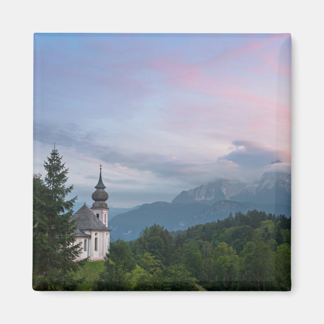 Church with Alps mountains at sunset Magnet (Front)