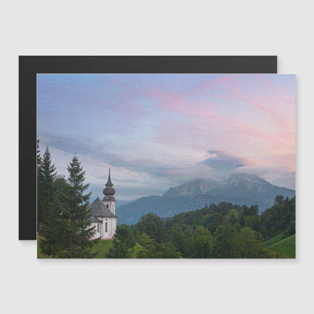 Church with Alps mountains at sunset Magnetic Invitation (Front/Back)