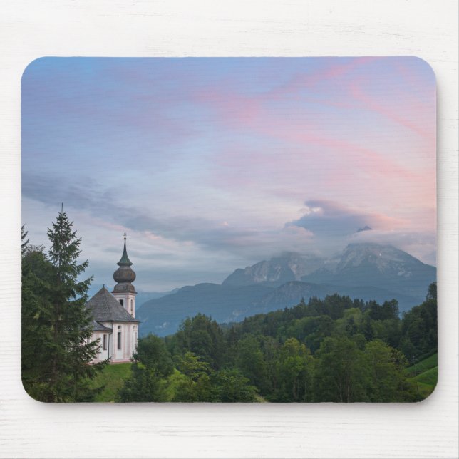 Church with Alps mountains at sunset Mouse Mat (Front)
