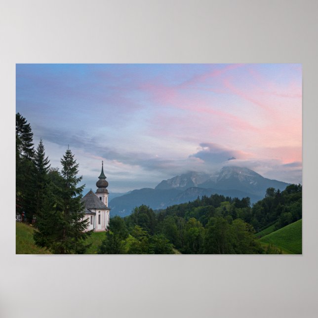 Church with Alps mountains at sunset Poster (Front)