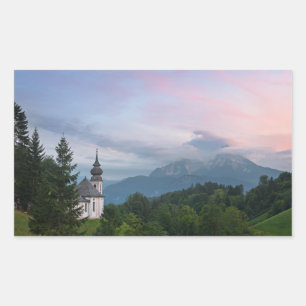 Church with Alps mountains at sunset Rectangular Sticker