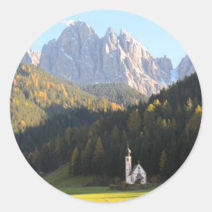 Church with Dolomites background round sticker