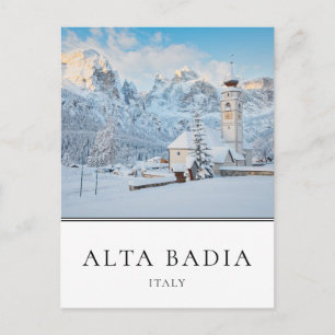 Church with Dolomites in winter in Alta Badia Postcard