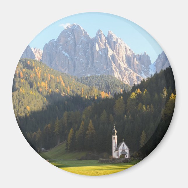 Church with Dolomites mountain round magnet (Front)