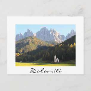 Church with Dolomites mountain white text postcard