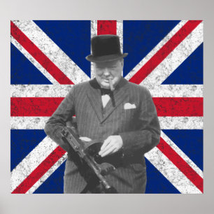Churchill Posing With A Tommy Gun Poster