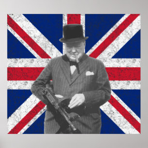 Churchill Posing With A Tommy Gun Poster