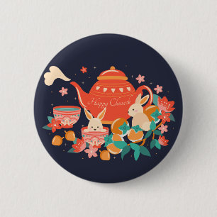 Chuseok Mid-Autumn Festival Teapot and Bunnies 6 Cm Round Badge