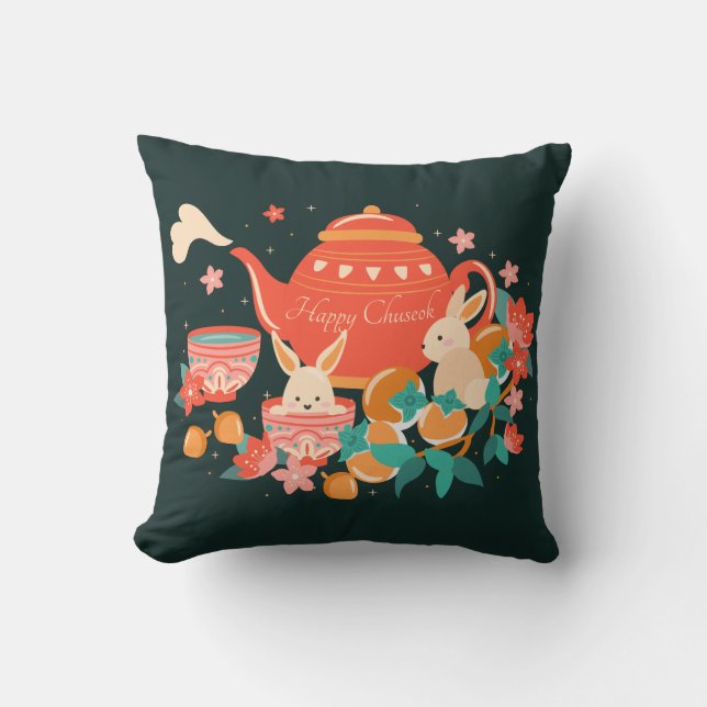 Chuseok Mid-Autumn Festival Teapot and Bunnies Cushion (Front)
