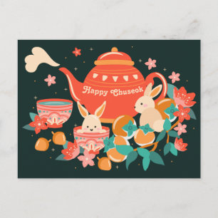Chuseok Mid-Autumn Festival Teapot and Bunnies Postcard
