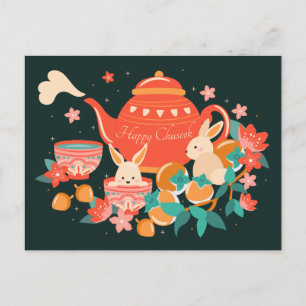 Chuseok Mid-Autumn Festival Teapot and Bunnies Postcard