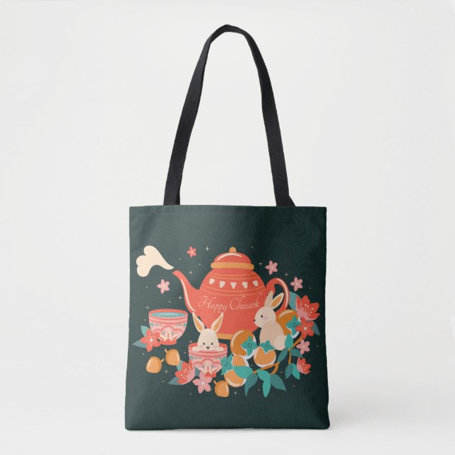 Chuseok Mid-Autumn Festival Teapot and Bunnies Tote Bag (Front)