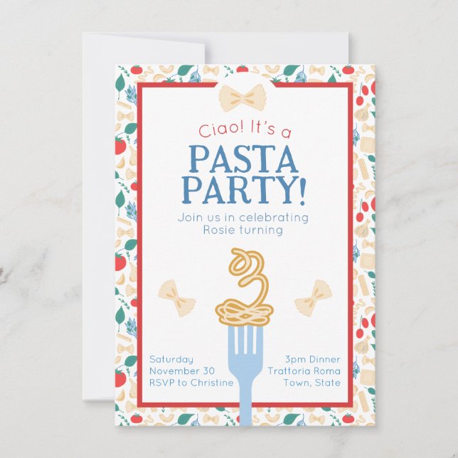 Ciao 3rd Birthday Pasta Party Italian Bow Invitation (Front)