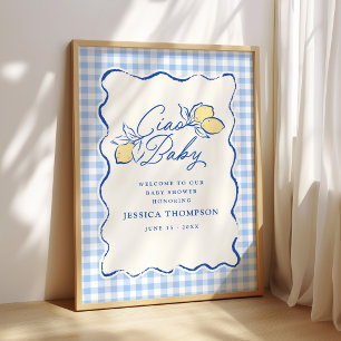 Ciao Baby Amalfi Lemon Blue Gingham Baby Shower Poster