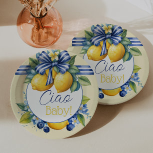Ciao Baby Blue Bow Tile Lemon Baby Shower Paper Plate