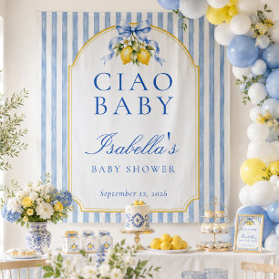 Ciao Baby Blue Lemon Baby Shower Backdrop Tapestry