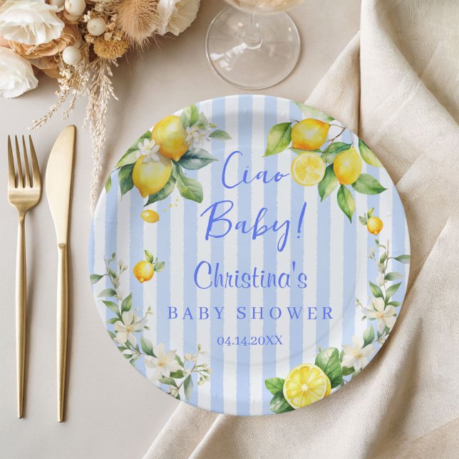 Ciao Baby Blue Lemons Baby Shower Paper Plate (Ciao Baby Blue Stripe Lemons Baby Shower plates)