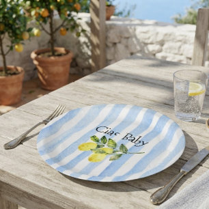 Ciao Baby Blue Stripes Lemon Baby Shower Paper Plate