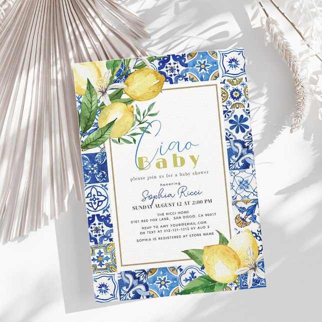 Ciao Baby Blue Tile Citrus Lemon Baby Shower Invitation (Creator Uploaded)
