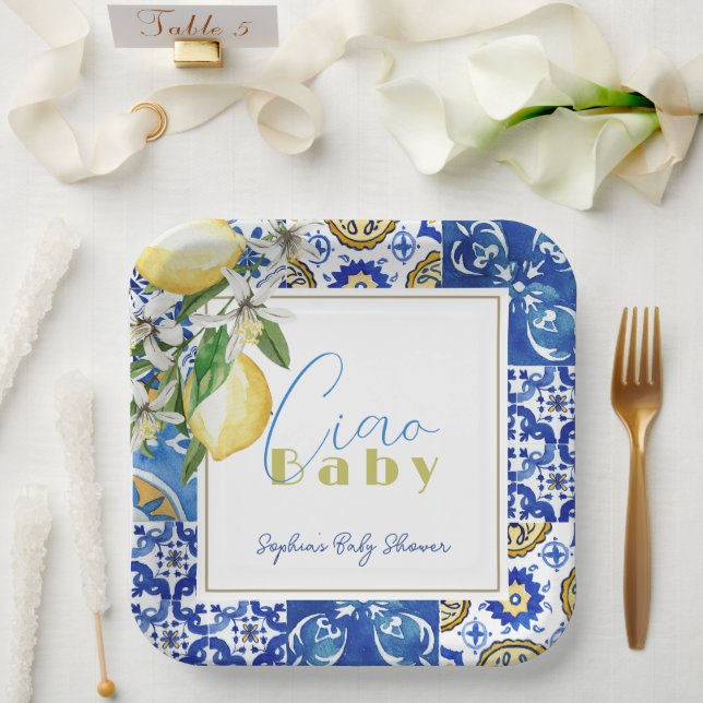 Ciao Baby Blue Tile Citrus Lemon Baby Shower Paper Plate (Wedding)