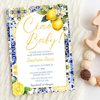 Ciao Baby Blue Tiles Lemon Amalfi Arch Baby Shower Invitation