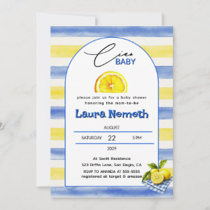 Ciao Baby Blue & Yellow Stripes Lemon Baby Shower Invitation