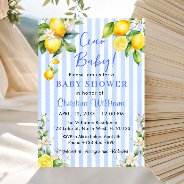 Ciao Baby Citrus Lemon Baby Shower Invitation (Ciao Baby Baby shower Blue & Lemons Invitation)