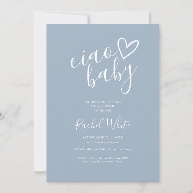 Ciao Baby Dusty Blue All In One Baby Shower Invitation (Front)