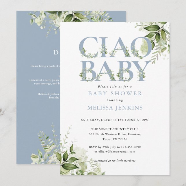 Ciao Baby Dusty Blue Floral All In One Baby Shower Invitation (Front/Back)