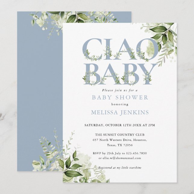 Ciao Baby Dusty Blue Greenery Letter Baby Shower Invitation (Front/Back)