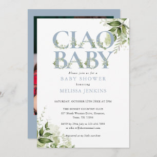 Ciao Baby Dusty Blue Greenery Photo Baby Shower Invitation