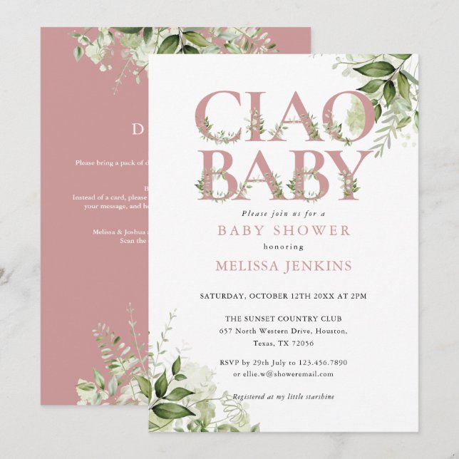 Ciao Baby Dusty Rose Floral All In One Baby Shower Invitation (Front/Back)