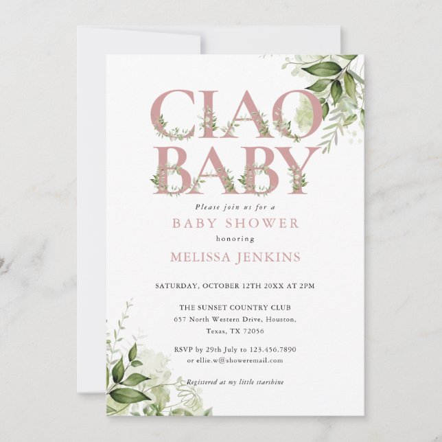 Ciao Baby Dusty Rose Pink Greenery Baby Shower Invitation (Front)