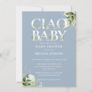 Ciao Baby Floral All In One Dusty Blue Baby Shower Invitation