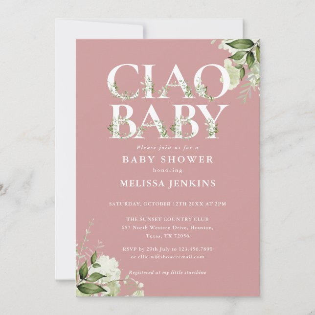 Ciao Baby Greenery Letter Dusty Rose Baby Shower Invitation (Front)