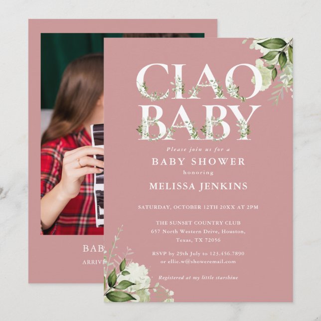 Ciao Baby Greenery Photo Dusty Rose Baby Shower Invitation (Front/Back)
