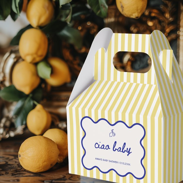 Ciao Baby Hand Drawn Blue & Yellow Baby Shower Favour Box (ciao baby blue and yellow hand drawn favor boxes for italian baby shower inspired by lemons)