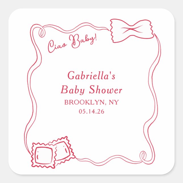 Ciao Baby Hand Drawn Pasta Italian Baby Shower Square Sticker (Front)