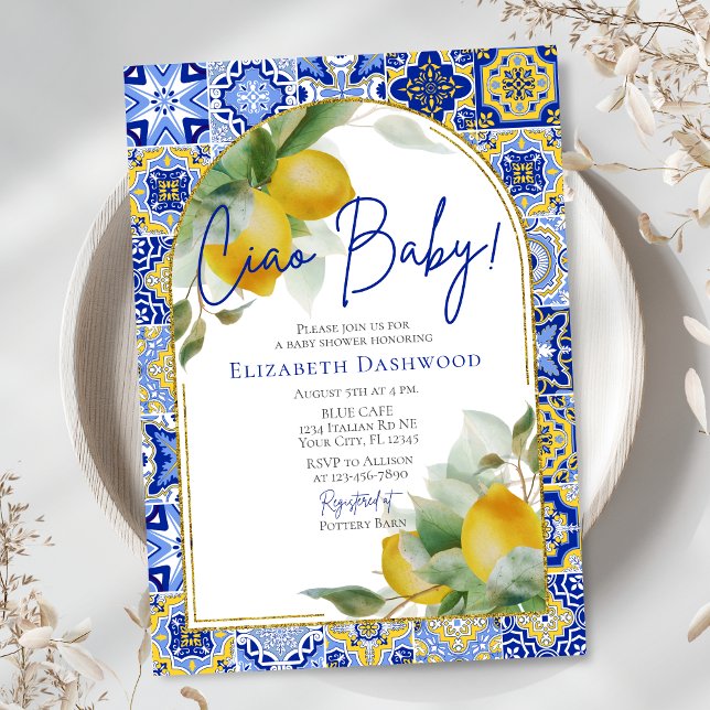 Ciao Baby Italian Blue Tile Lemons Baby Shower Invitation (Creator Uploaded)