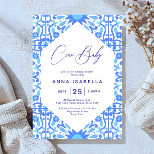 Ciao Baby Italian Blue Tile Minimalist Baby Shower Invitation