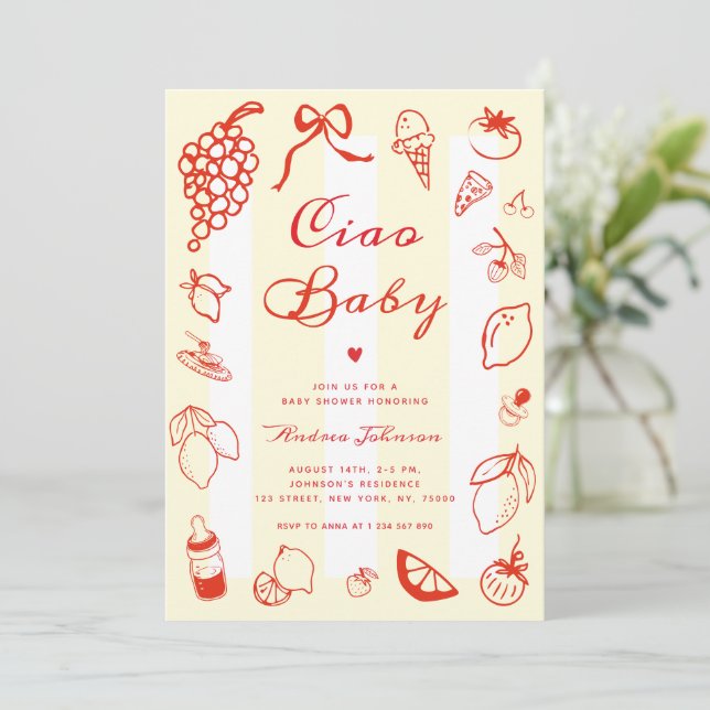Ciao Baby Italian Hand Drawn Lemon Baby Shower Invitation (Standing Front)