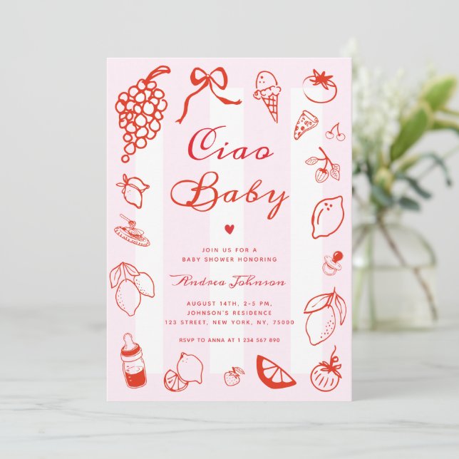 Ciao Baby Italian Hand Drawn Lemon Baby Shower Invitation (Standing Front)